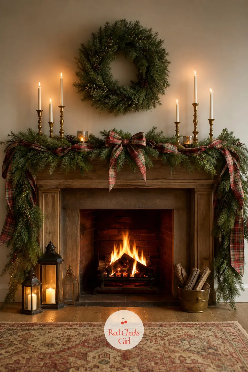 The Mantel Dressed in Flannel Ribbon and Pine — Lay fresh pine along the mantel shelf first, then weave a wide flannel ribbon through it in warm red and cream