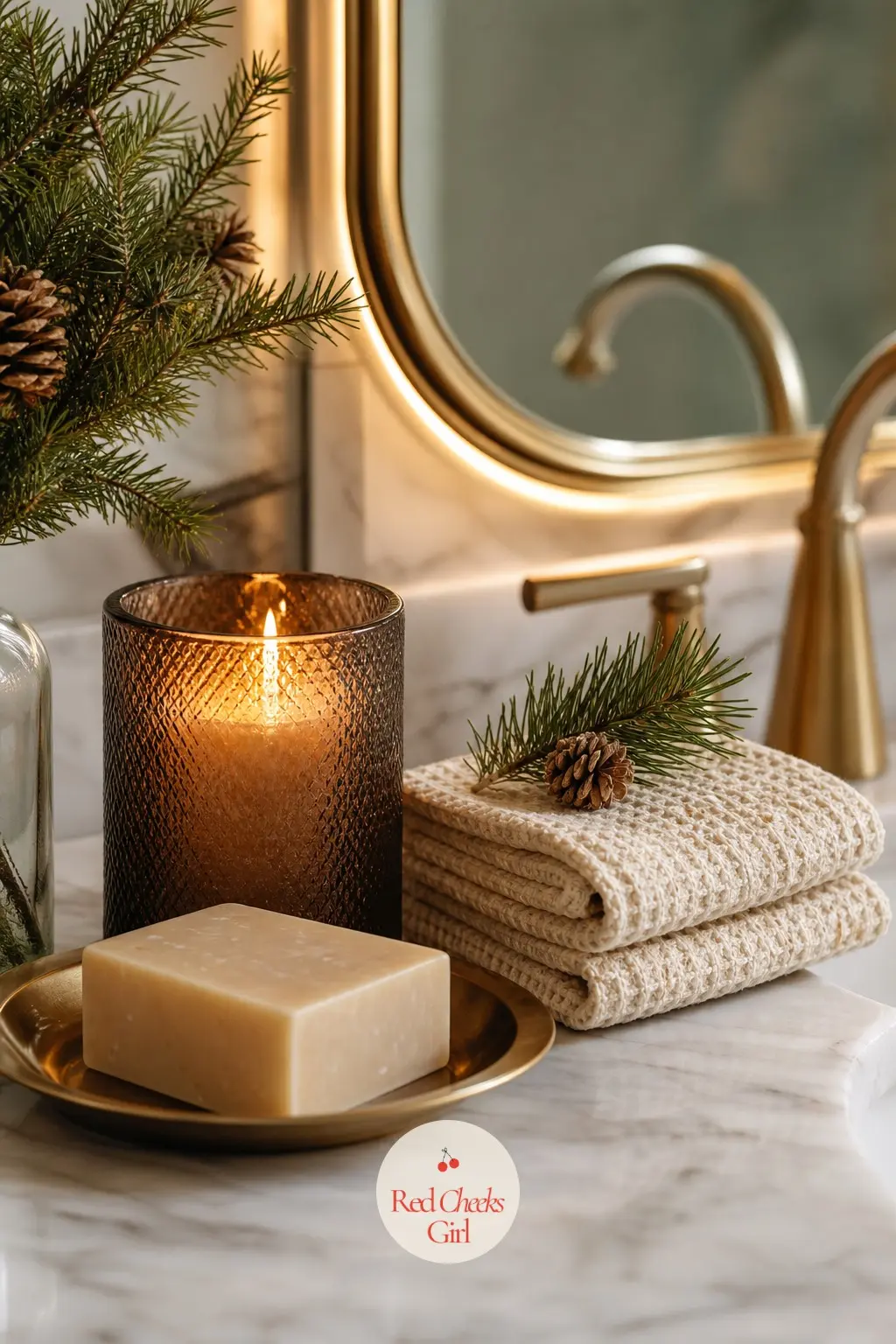 A Powder Room That Smells Like Pine and Clove — A single pine-scented candle, a bar of cream soap and a small stack of waffle knit hand towels turn the powder