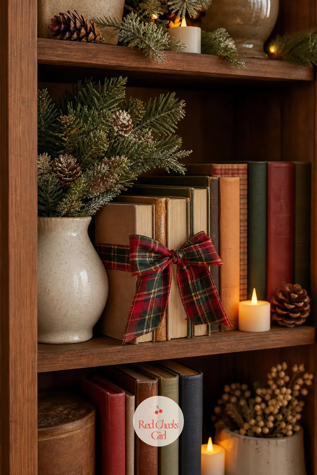 Shelves Softened with Flannel and Firelight — Bookshelves get cozy fast with small changes: a flannel ribbon tied around a stack of books, a cream ceramic vase