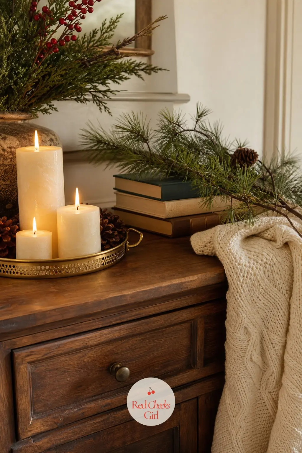 A Sideboard Styled Like a Woodland Pause — A console or sideboard gets one grouped vignette rather than a row of objects: a brass tray holding cream candles, a