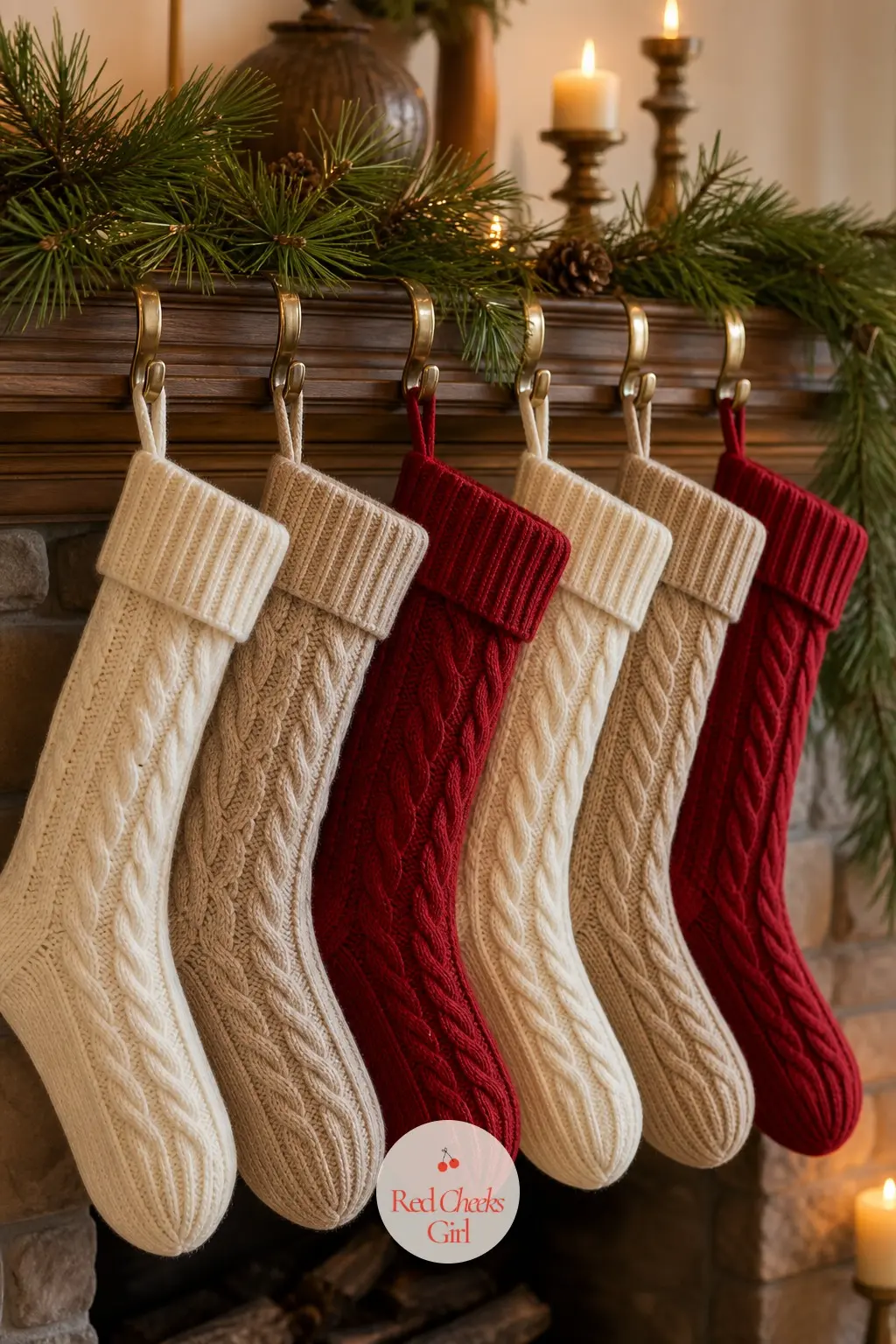 Six Knit Stockings Waiting for the Night — Hang the stockings themselves in heavy cable knit, cream and oatmeal with one or two in warm red for contrast, so