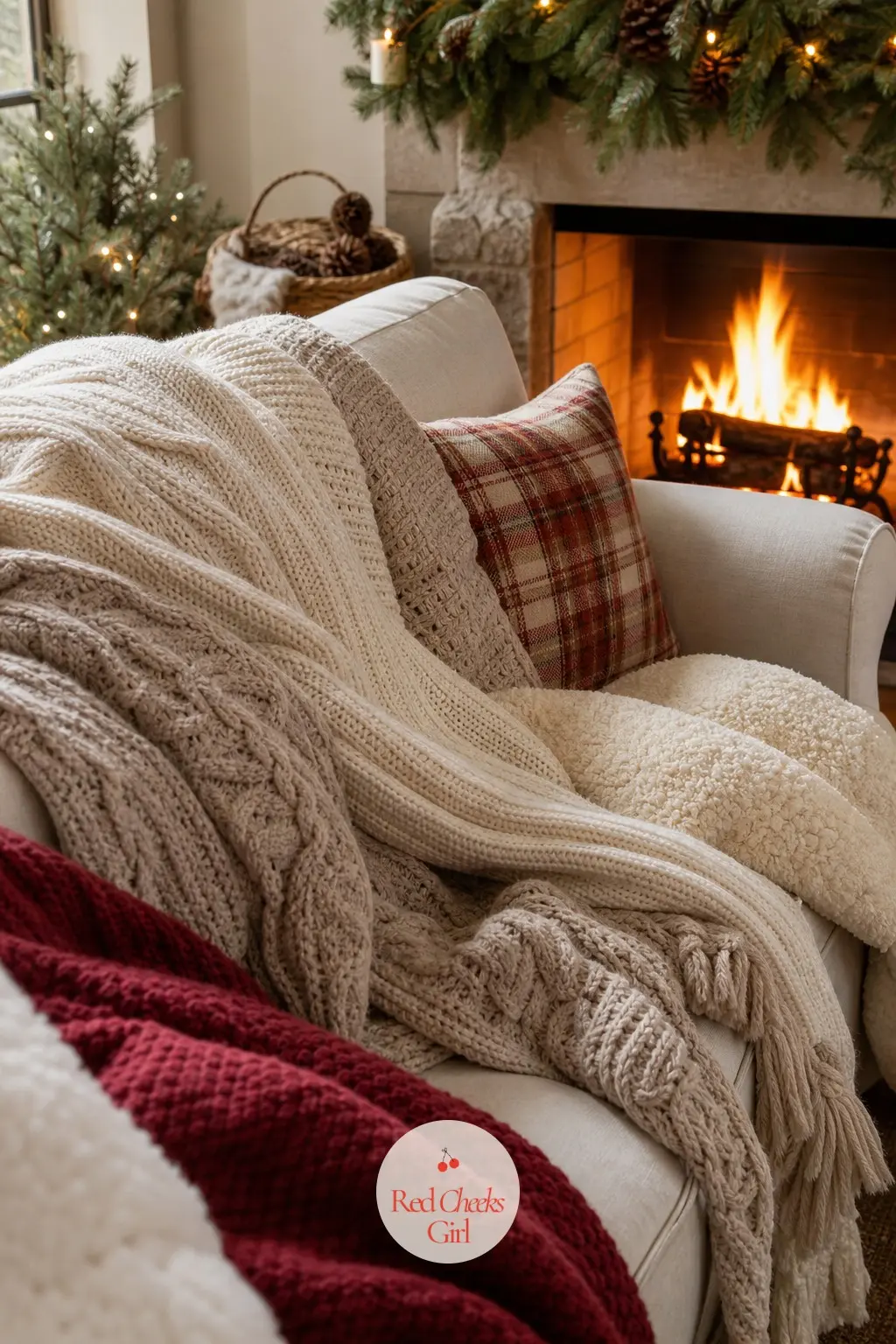 The Sofa Layered in Knit Throws Facing the Fire — The living room earns its cozy reputation from what sits on the furniture, not what hangs on the wall. Cozy