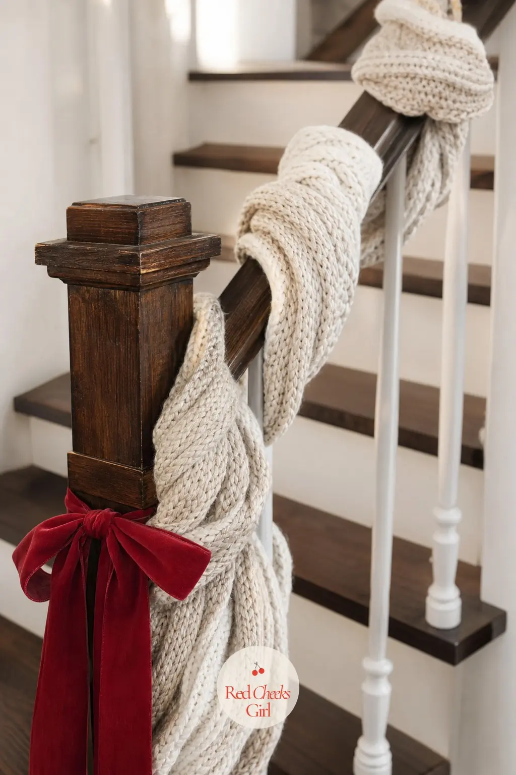 A Stair Rail Wrapped in Knit Instead of Greenery — Swap the usual garland for a long knit blanket runner wound loosely down the rail, cream and oatmeal twisted