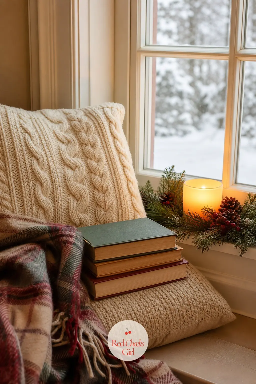 A Window Seat Styled for Reading by Candlelight — A window seat or deep armchair gets a knit cushion, a folded flannel throw and a small stack of winter books