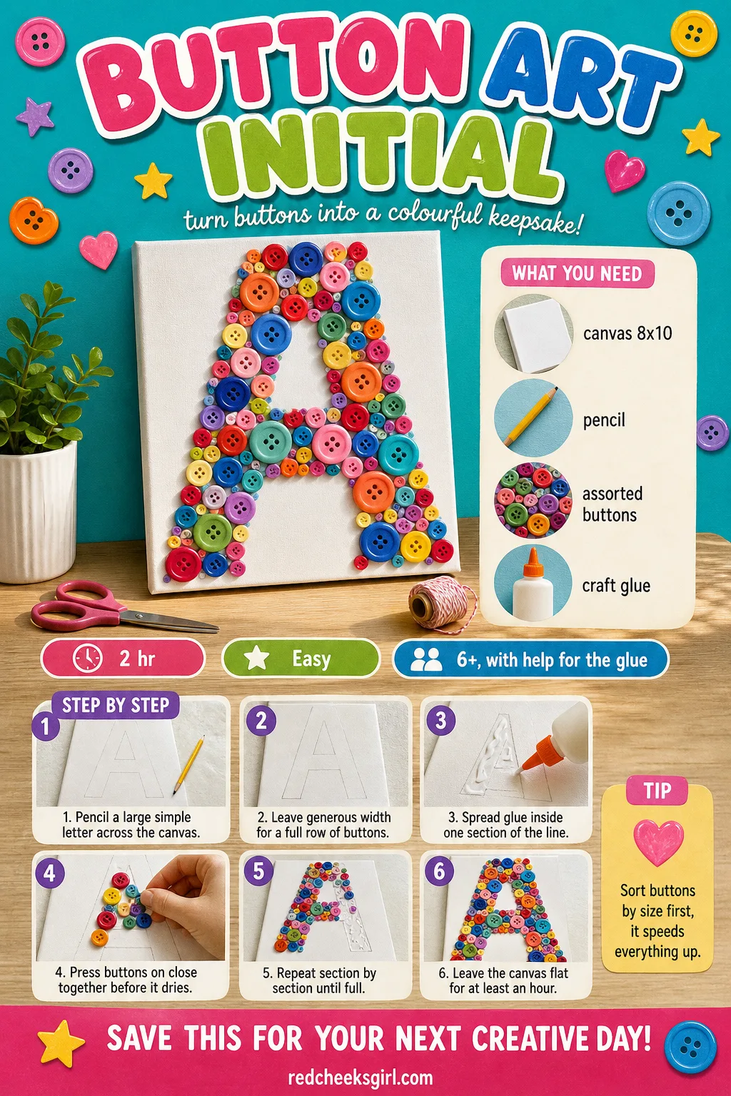 Button Art Initial Craft Card printable sheet — Print this card for the full materials list and three-step method for the Button Art Initial. Crafts for seniors