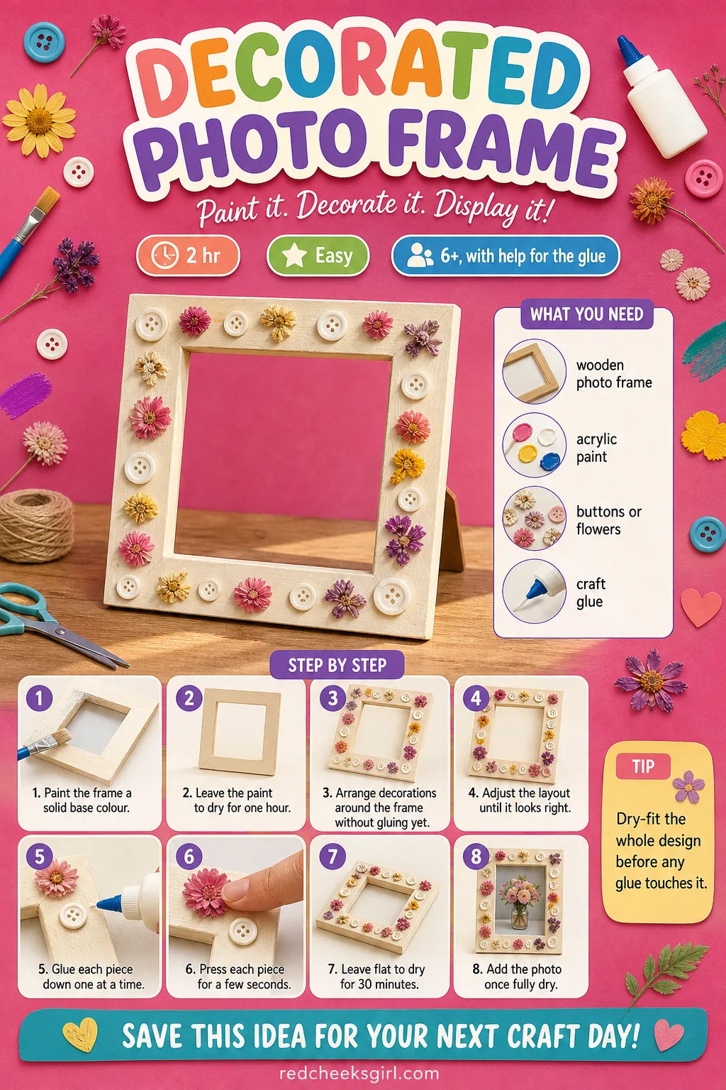 Decorated Photo Frame Craft Card printable sheet — Print this card for the full materials list and three-step method for the Decorated Photo Frame. Crafts for