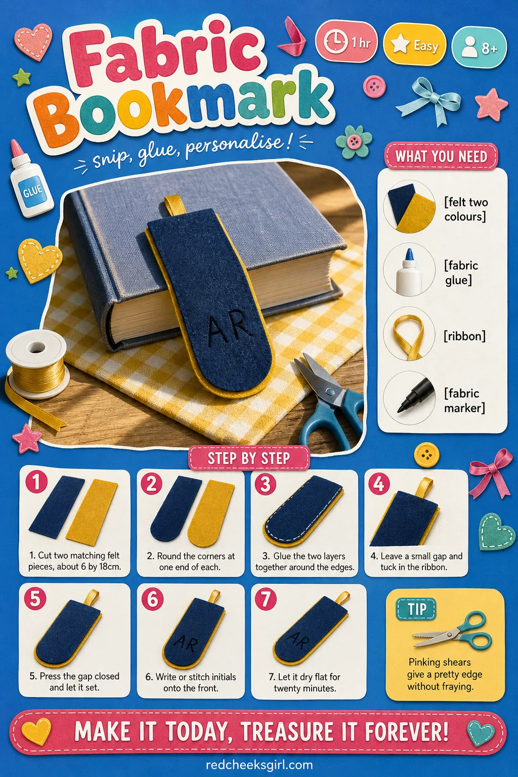 Fabric Bookmark Craft Card printable sheet — Print this card for the full materials list and three-step method for the Fabric Bookmark. Crafts for seniors