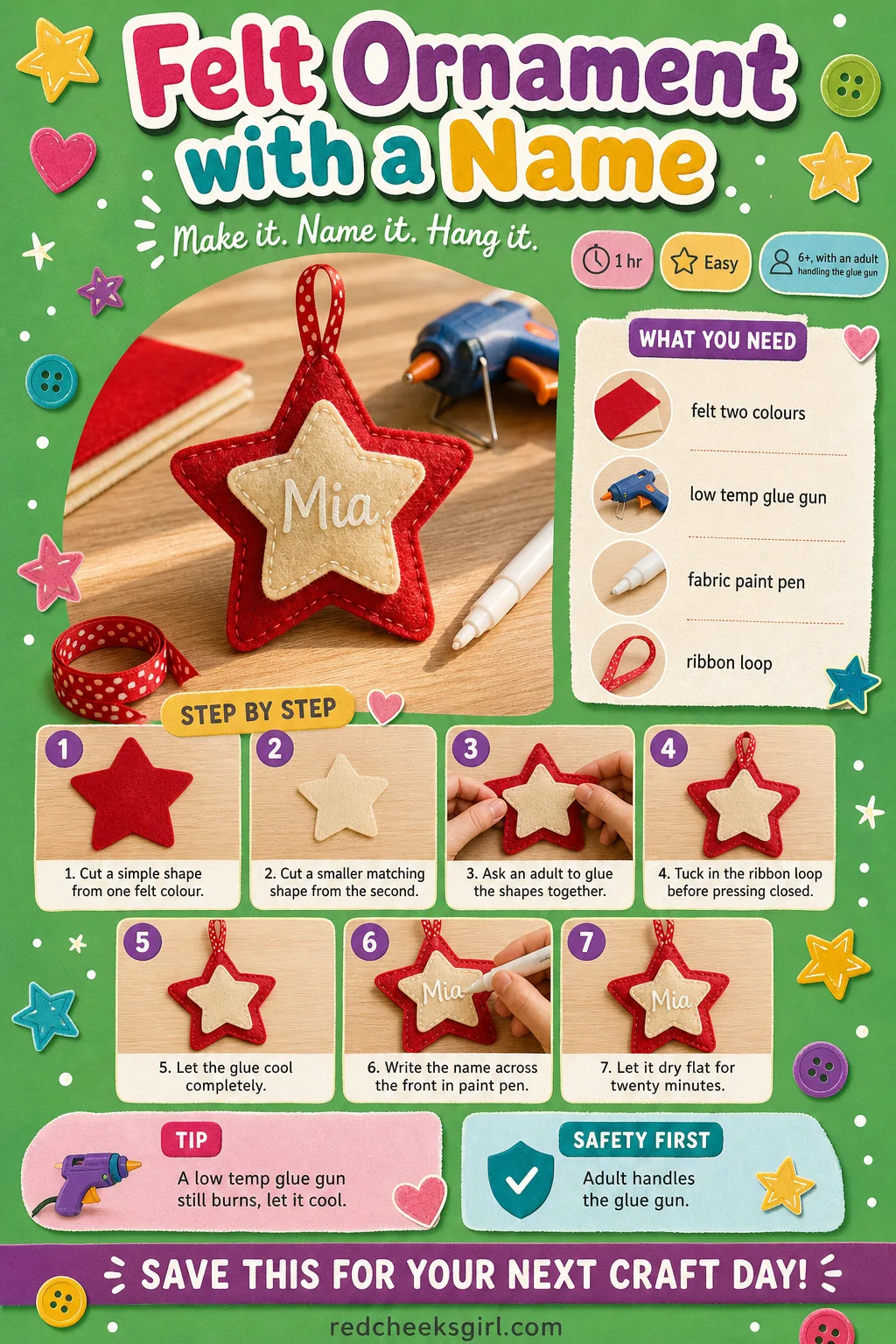 Felt Ornament with a Name Craft Card printable sheet — Print this card for the full materials list and three-step method for the Felt Ornament with a Name.