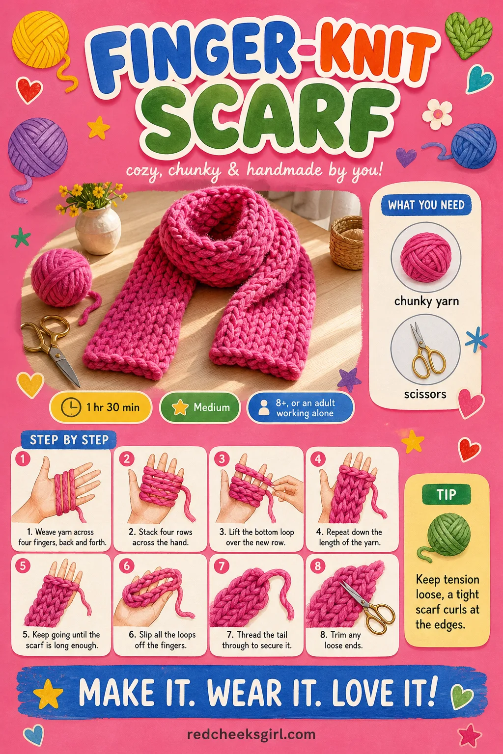Finger-Knit Scarf Craft Card printable sheet — Print this card for the full materials list and three-step method for the Finger-Knit Scarf. Crafts for seniors