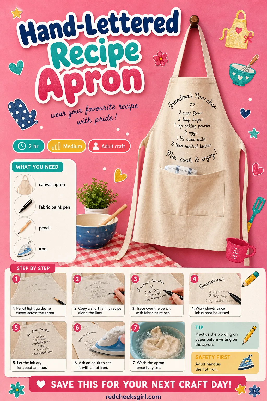 Hand-Lettered Recipe Apron Craft Card printable sheet — Print this card for the full materials list and three-step method for the Hand-Lettered Recipe Apron.