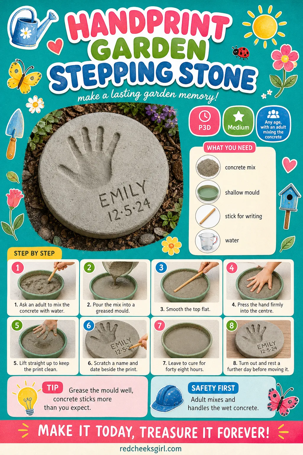 Handprint Garden Stepping Stone Craft Card printable sheet — Print this card for the full materials list and three-step method for the Handprint Garden