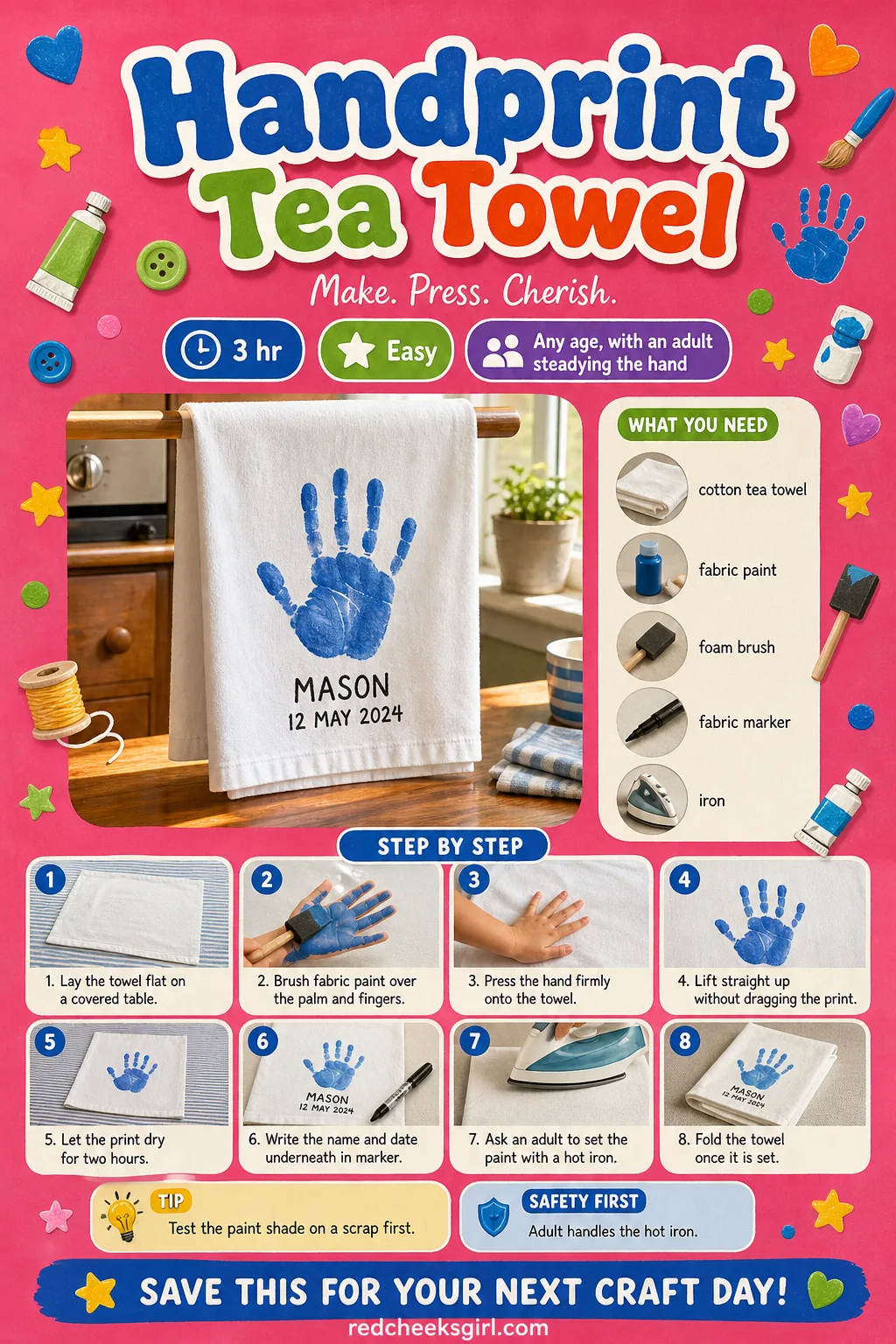 Handprint Tea Towel Craft Card printable sheet — Print this card for the full materials list and three-step method for the Handprint Tea Towel. Crafts for