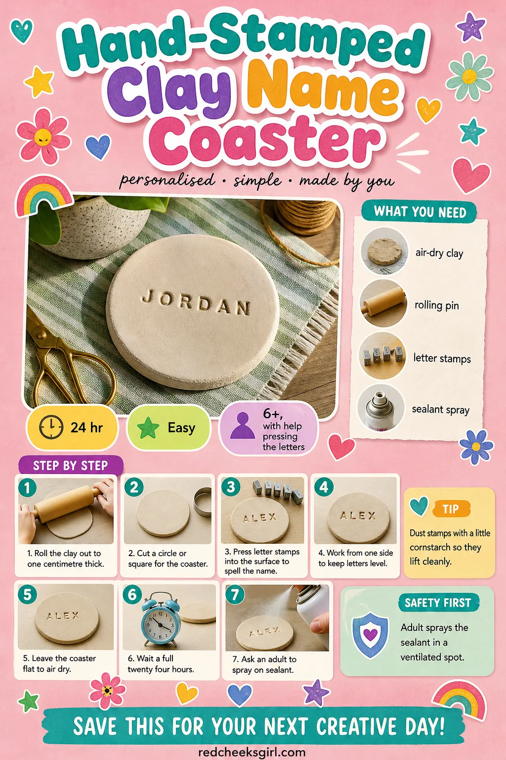 Hand-Stamped Clay Name Coaster Craft Card printable sheet — Print this card for the full materials list and three-step method for the Hand-Stamped Clay Name