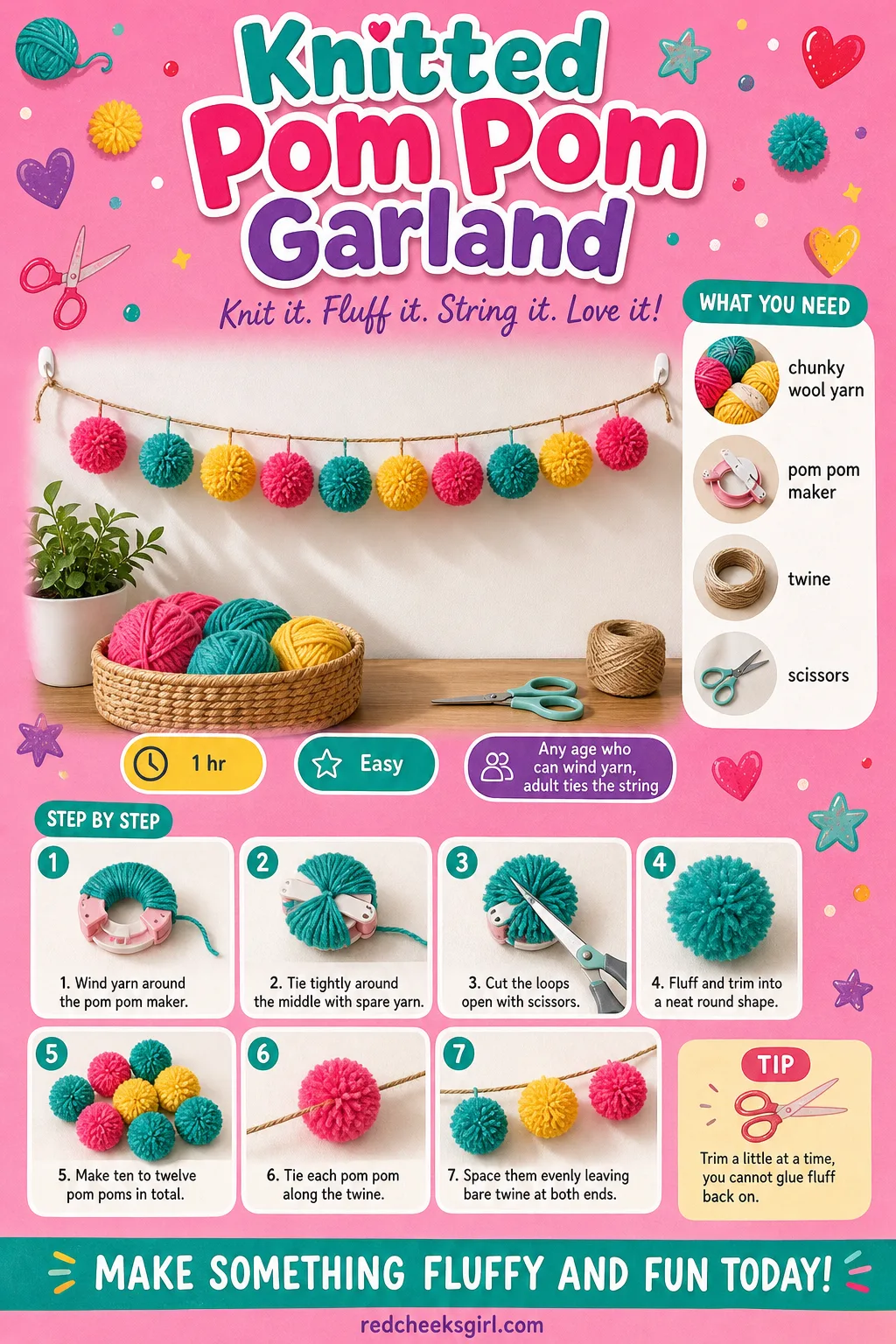 Knitted Pom Pom Garland Craft Card printable sheet — Print this card for the full materials list and three-step method for the Knitted Pom Pom Garland. Crafts