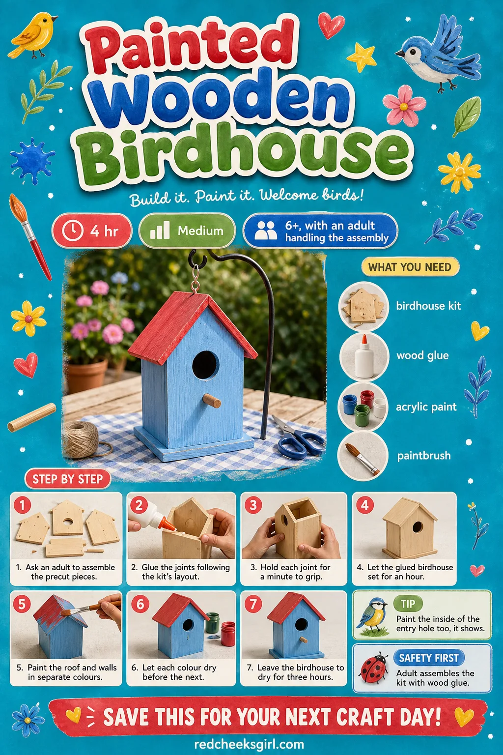 Painted Wooden Birdhouse Craft Card printable sheet — Print this card for the full materials list and three-step method for the Painted Wooden Birdhouse.