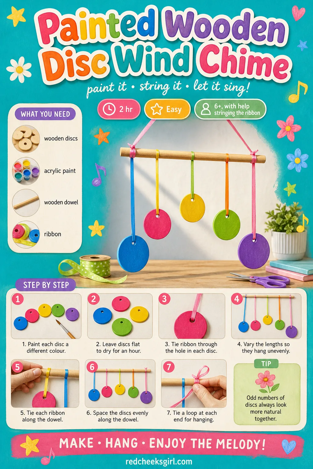 Painted Wooden Disc Wind Chime Craft Card printable sheet — Print this card for the full materials list and three-step method for the Painted Wooden Disc Wind