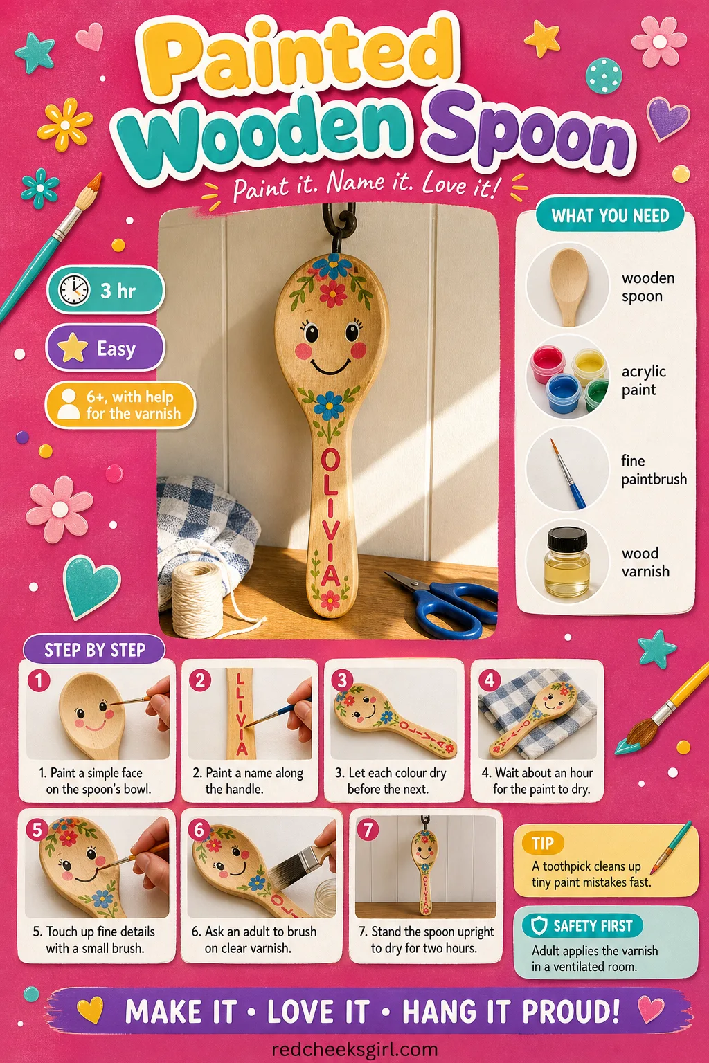 Painted Wooden Spoon Craft Card printable sheet — Print this card for the full materials list and three-step method for the Painted Wooden Spoon. Crafts for