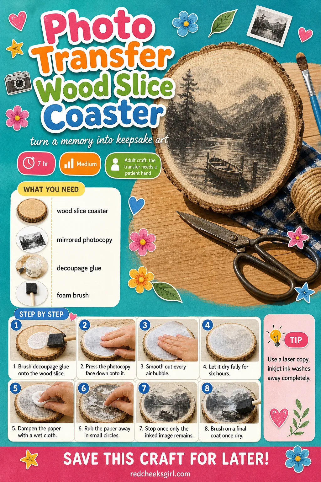 Photo Transfer Wood Slice Coaster Craft Card printable sheet — Print this card for the full materials list and three-step method for the Photo Transfer Wood