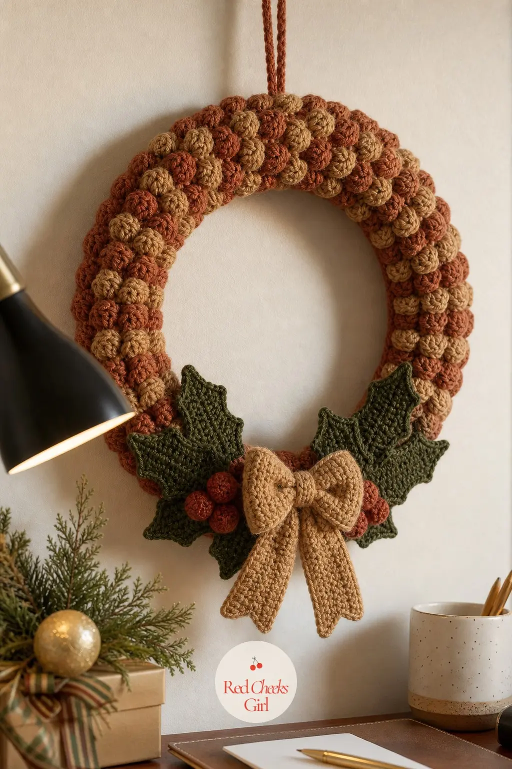 The Camel and Rust Puff Stitch Wreath for the Home Office — Puff stitches in camel and rust alternate every few stitches around the ring, giving a two-tone