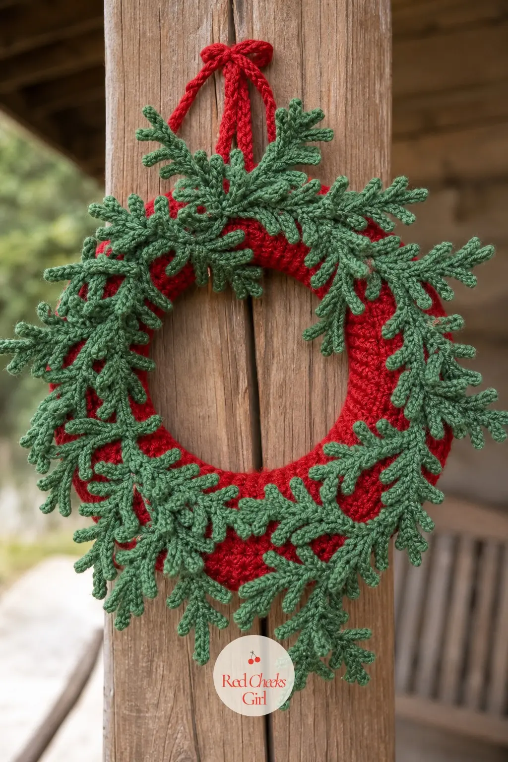 The Cardinal Red and Pine Green Sprig Wreath for the Porch Column — Small crocheted pine sprigs in two shades of green wrap a plain cardinal red ring, wired on