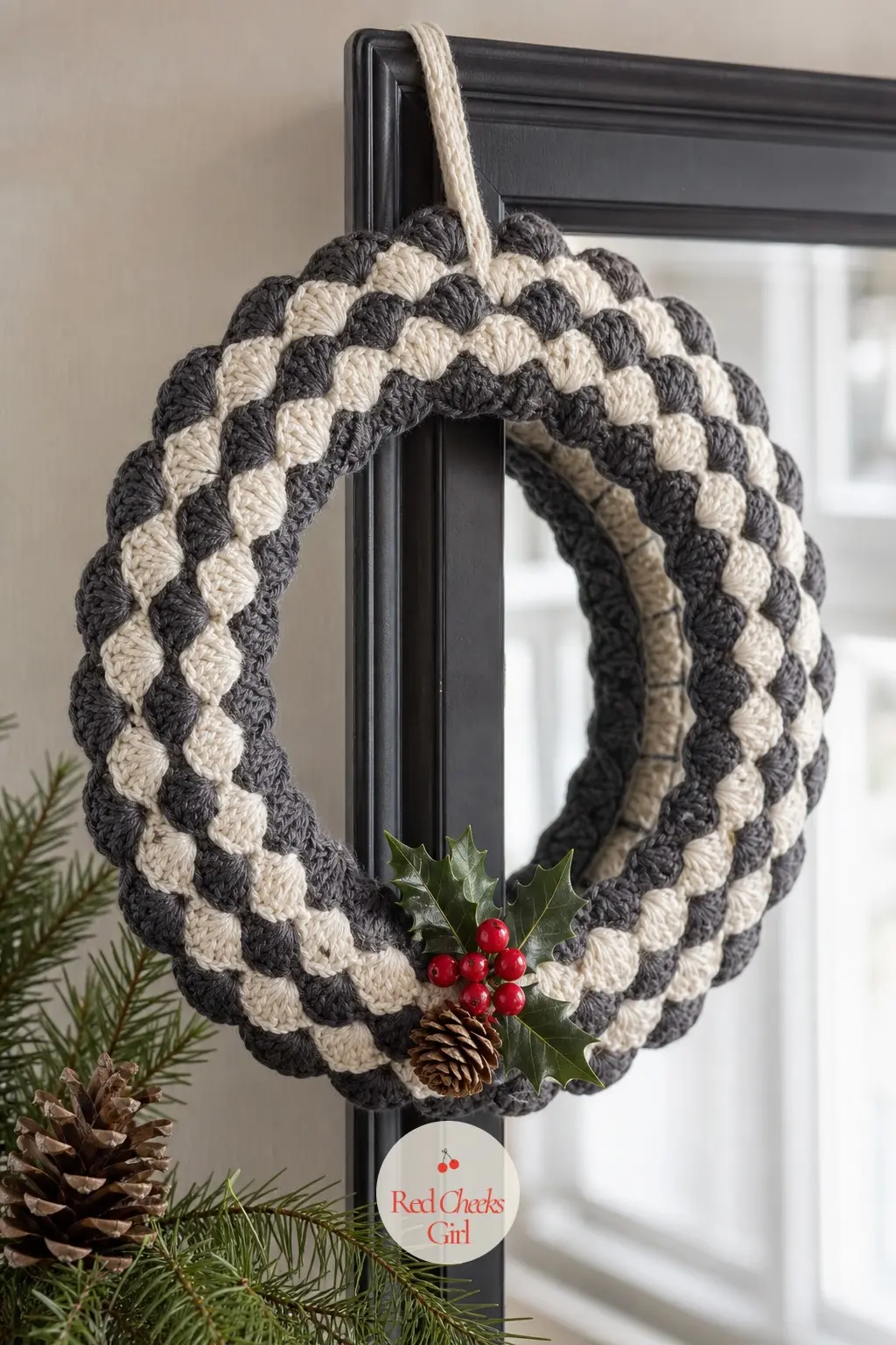The Charcoal and Cream Shell Stitch Wreath for the Hallway Mirror — Shell stitch in alternating charcoal and cream rows gives a scalloped edge all the way