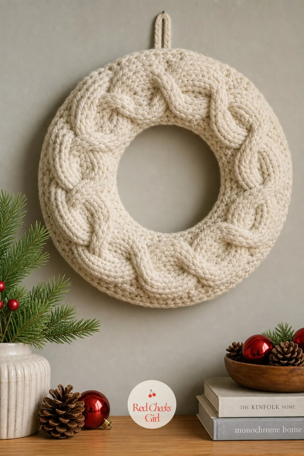 The Chunky Cream Cable Stitch Wreath for the Living Room Wall — A wide strip of cable-stitch crochet in undyed cream bulky yarn coils into a single thick ring