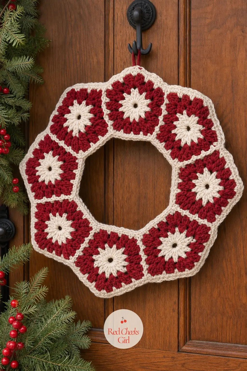The Cranberry and Cream Granny Square Wreath for the Front Door — Nine classic granny squares in cranberry red and cream join into a ring and hang flat against