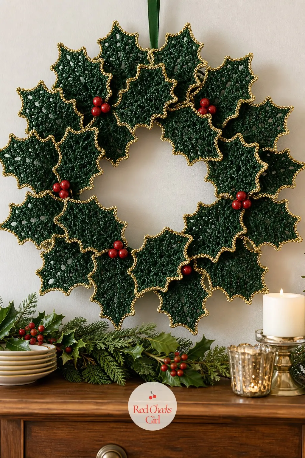 The Forest Green and Gold Holly Leaf Lace Wreath for the Dining Room — Pointed holly leaf motifs in forest green, edged with a single row of gold thread