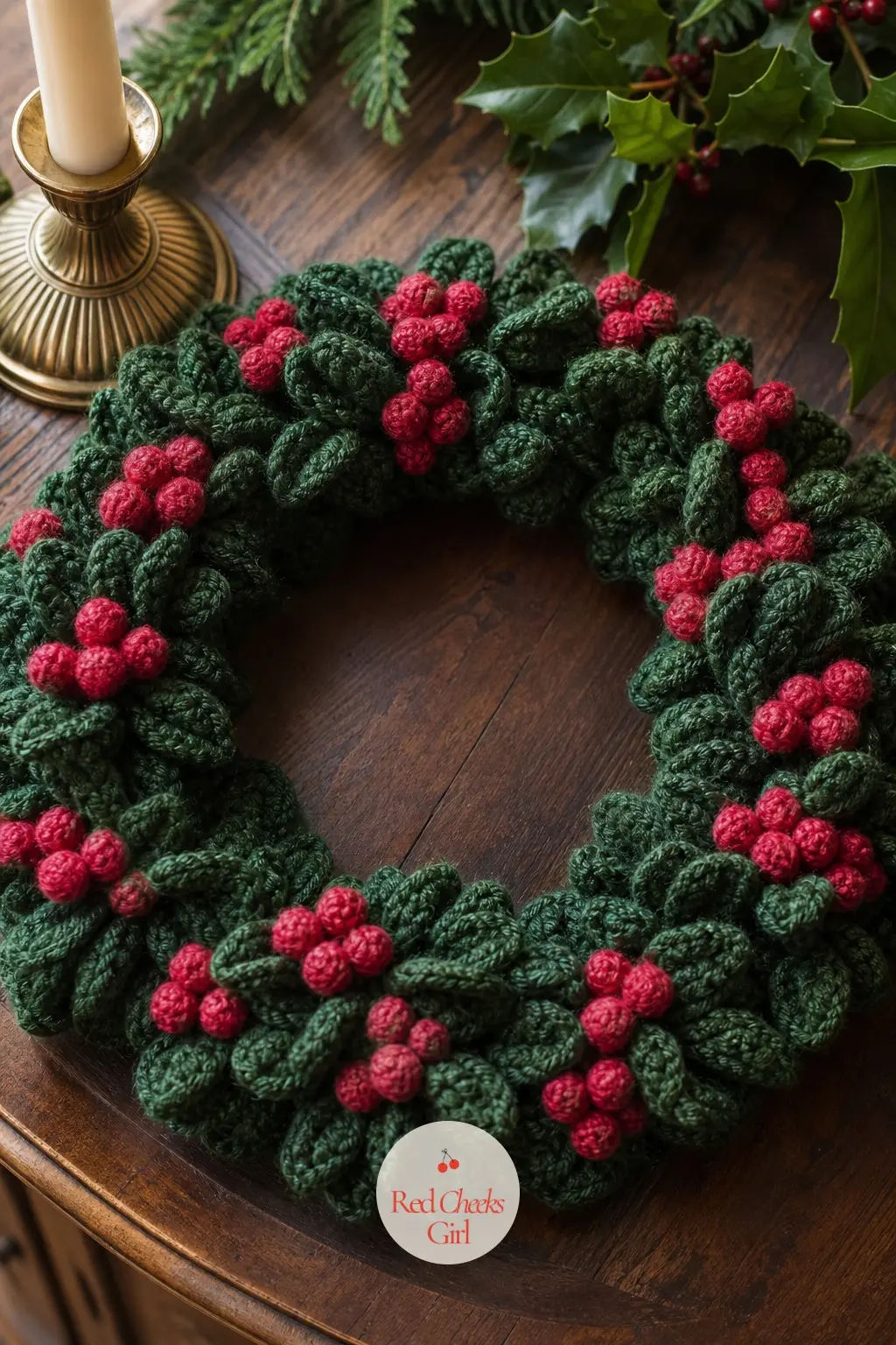 The Holly Red and Deep Green Berry Cluster Wreath for the Entry Table — A plain deep green crochet base disappears under clusters of tiny stuffed red berries