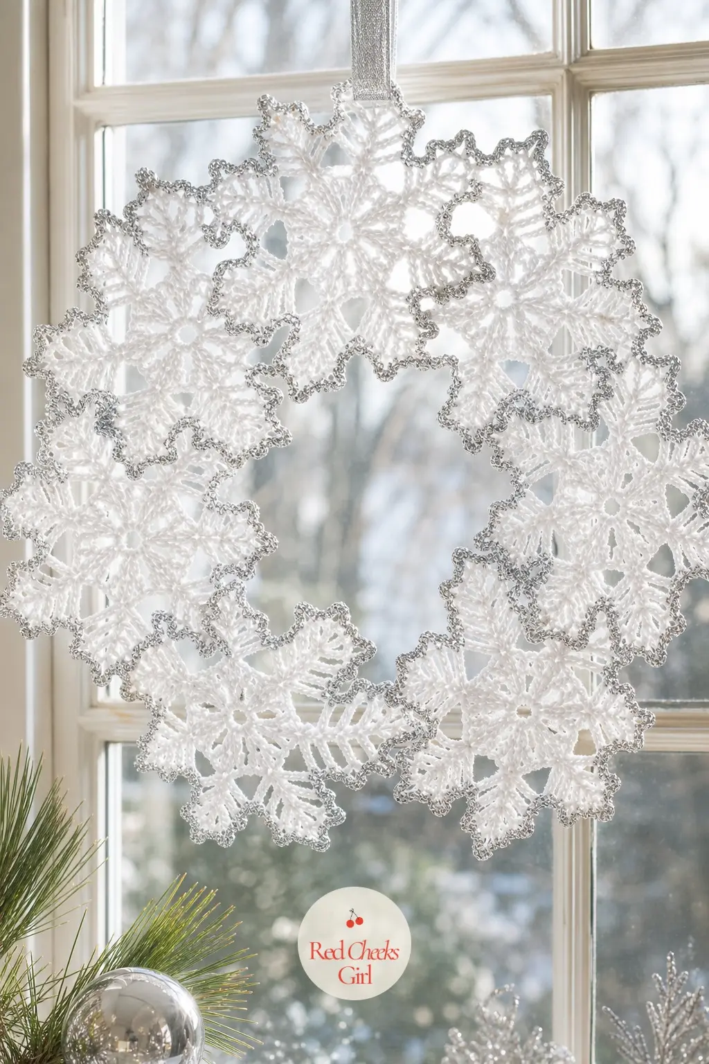 The Icy White and Silver Snowflake Lace Wreath for the Picture Window — Fine lace-weight snowflake motifs in icy white, edged with a thread of silver, join