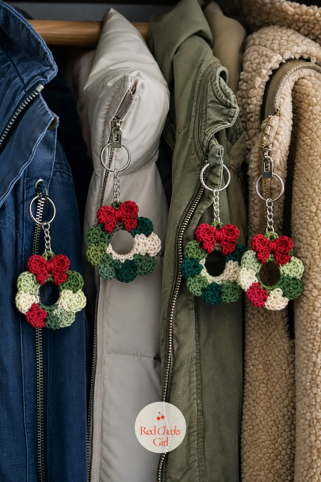 The Mini Granny Square Wreath Keychains for the Coat Closet — Four tiny granny squares in mixed holiday scraps join into a ring barely bigger than a coin