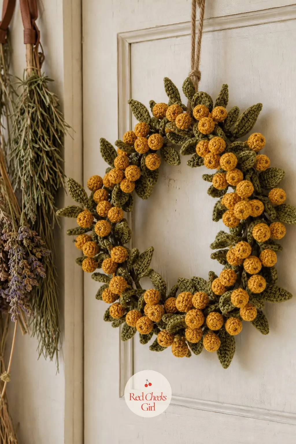 The Mustard and Olive Berry Cluster Wreath for the Pantry Door — Mustard yellow berries against an olive green base give this one a harvest feel that sits well