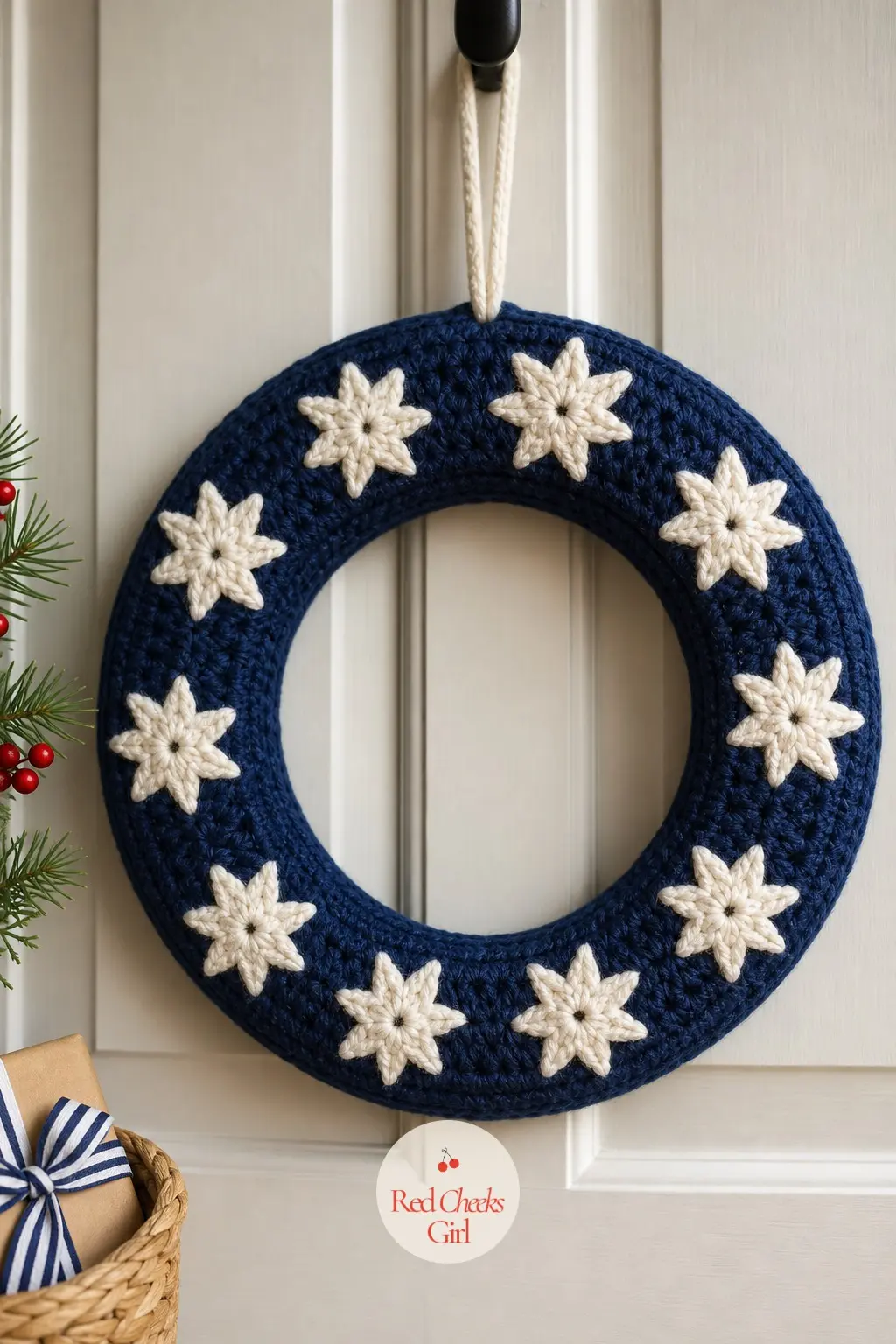 The Navy and Cream Scandinavian Star Wreath for the Playroom Door — A row of small eight-point stars in cream sit evenly spaced on a navy ring, pulling