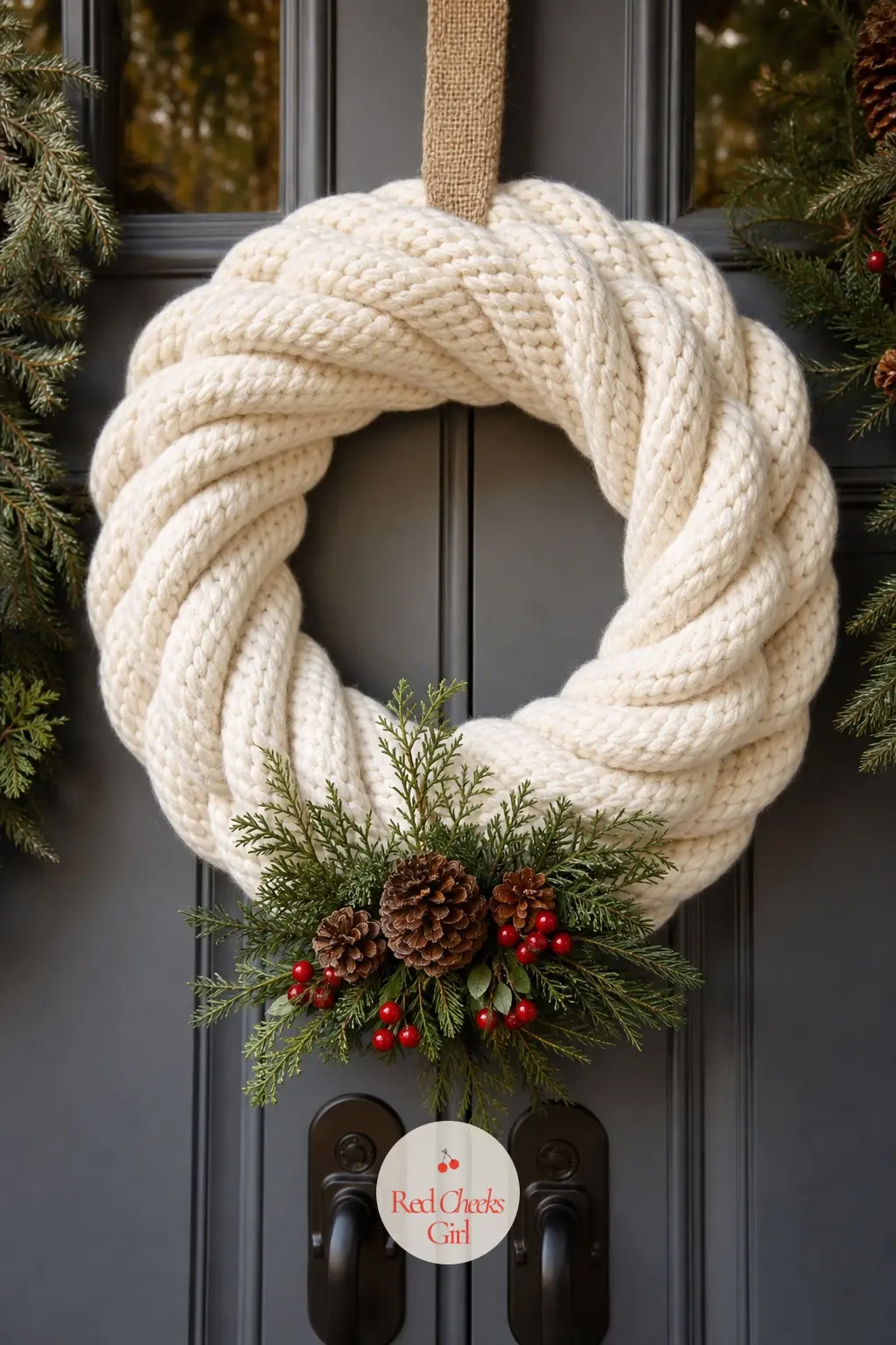 The Oversized Cream Wool Rope Wreath for the Double Front Doors — A thick crocheted rope, worked in cream wool and coiled into a ring over two feet across, is