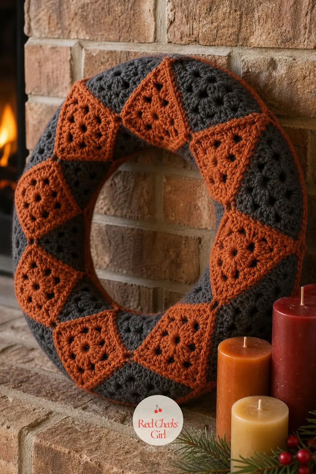 The Rust and Charcoal Granny Square Wreath for the Mantel — Rust orange and charcoal squares trade places around the ring, reading more autumn-into-winter than