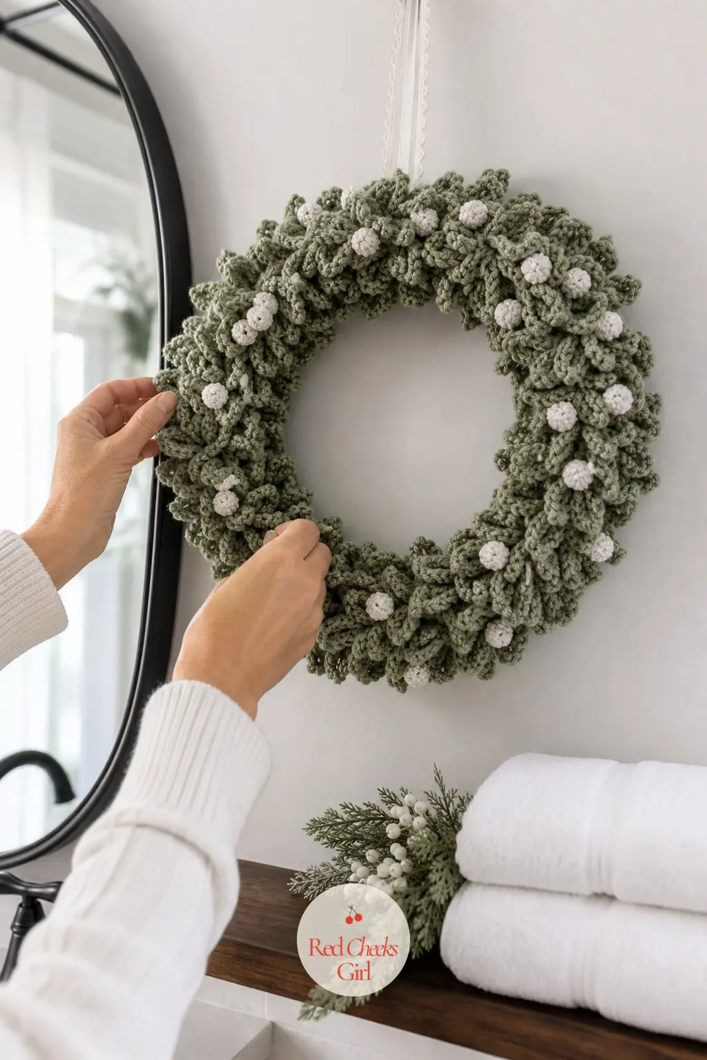 The Snow White and Juniper Green Berry Wreath for the Guest Bath — Pale juniper green base, white berries instead of red: this one skips the traditional