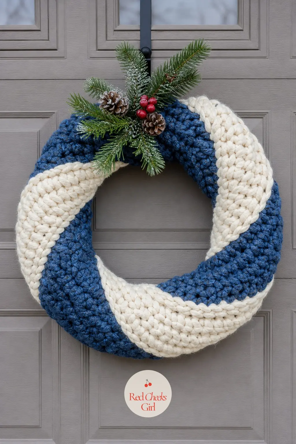 The Two-Tone Denim and Cream Chunky Yarn Wreath for the Garage Door — Thick single crochet rounds alternate denim blue and cream in wide bands rather than