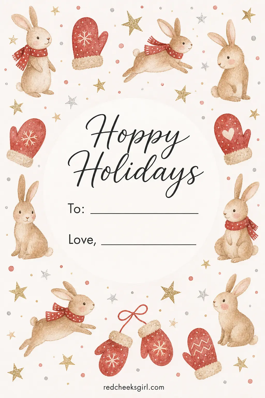Bunny with Cocoa Mittens printable sheet — Good for a child's teacher, a grandparent, or anyone who likes a card that looks like it took longer than it did.