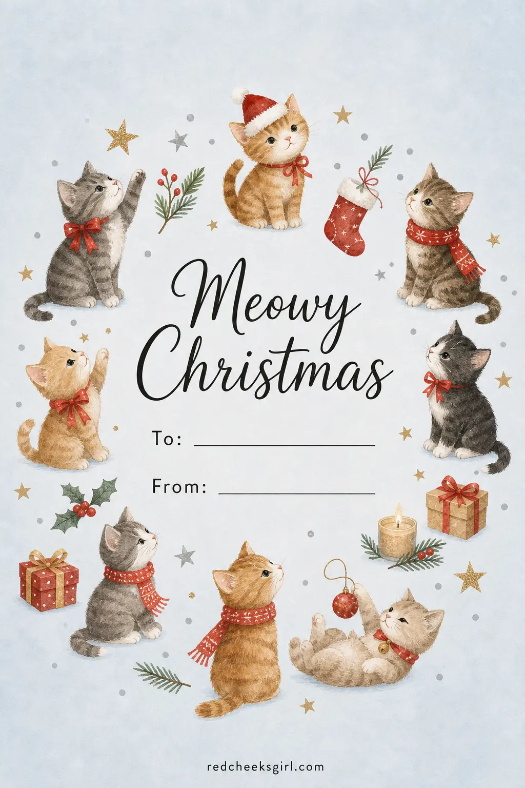 Mitten-Wearing Kittens printable sheet — Send this to the friend whose tree has more cat toys under it than presents. Cute christmas cards