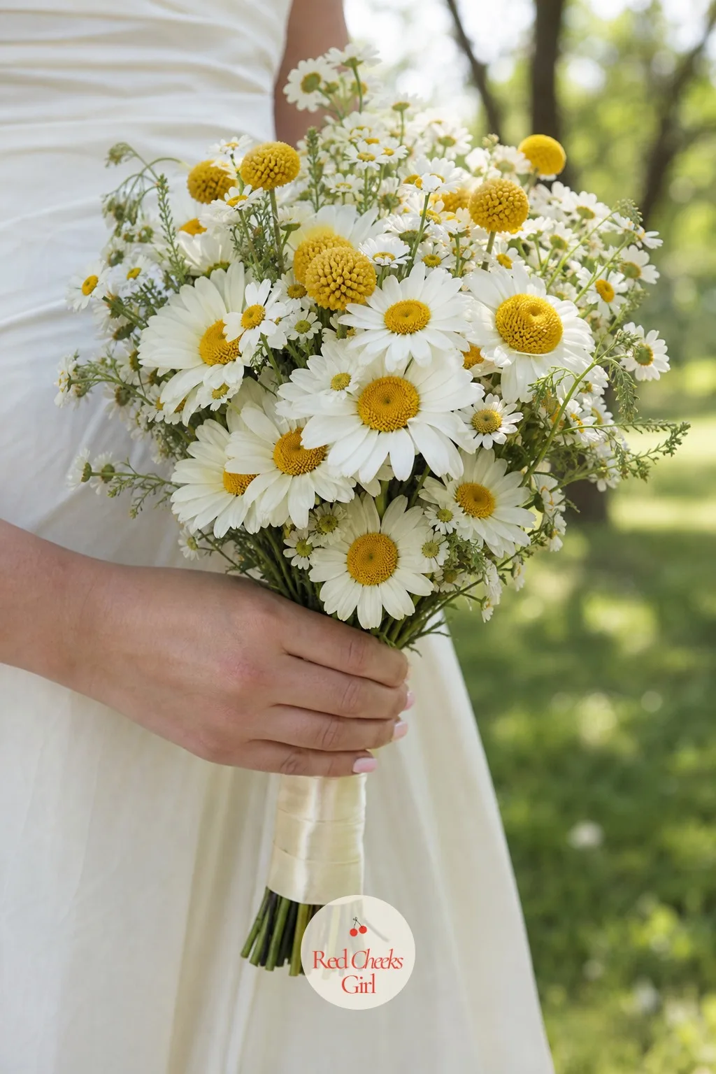 The Bridal Bouquet — A bride handed a plain bunch of daisies might worry it looks too simple for the one bouquet everyone photographs. Daisy wedding