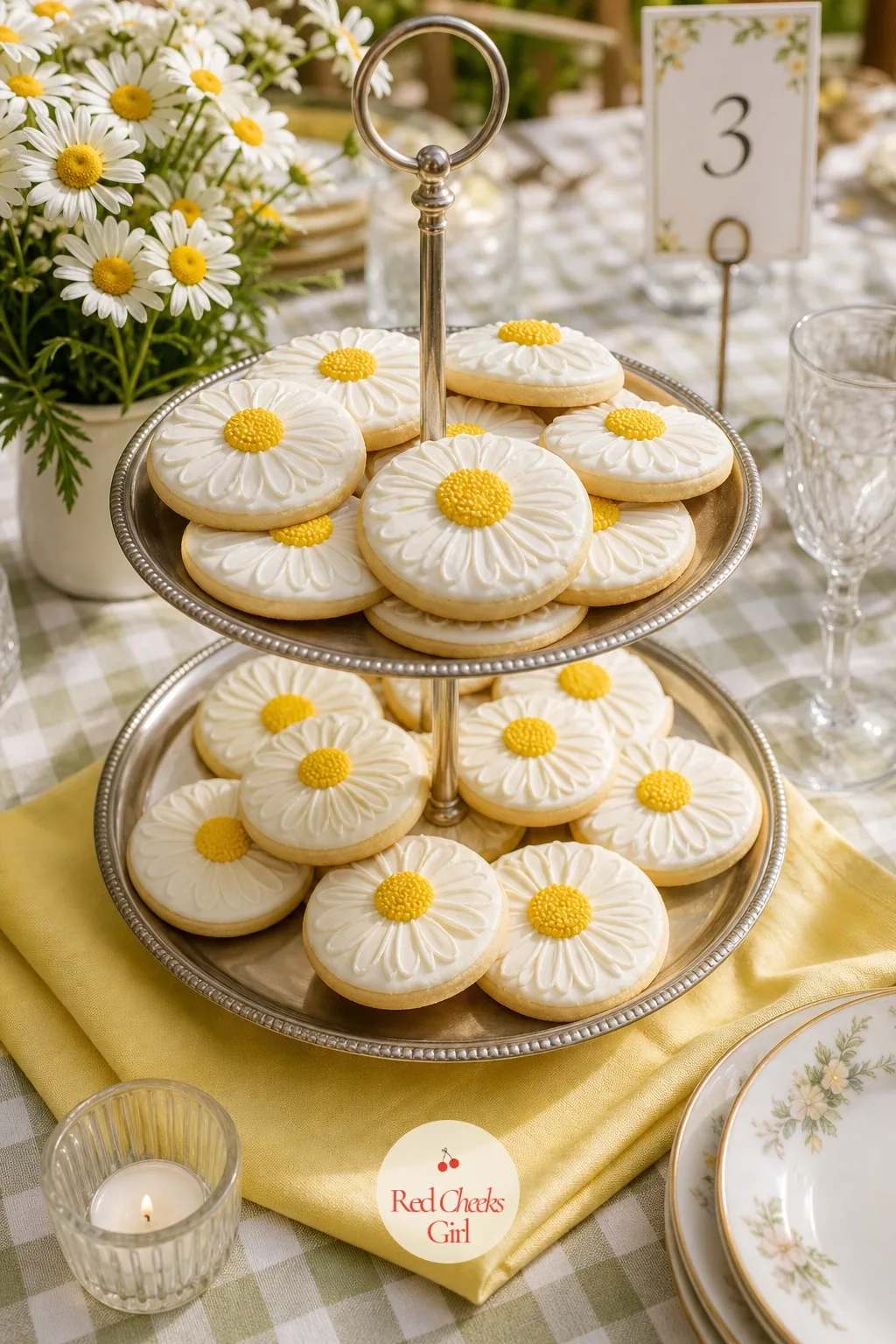 Daisy Cookies — A dessert table full of things that need a fork and a plate slows everyone down. Daisy wedding