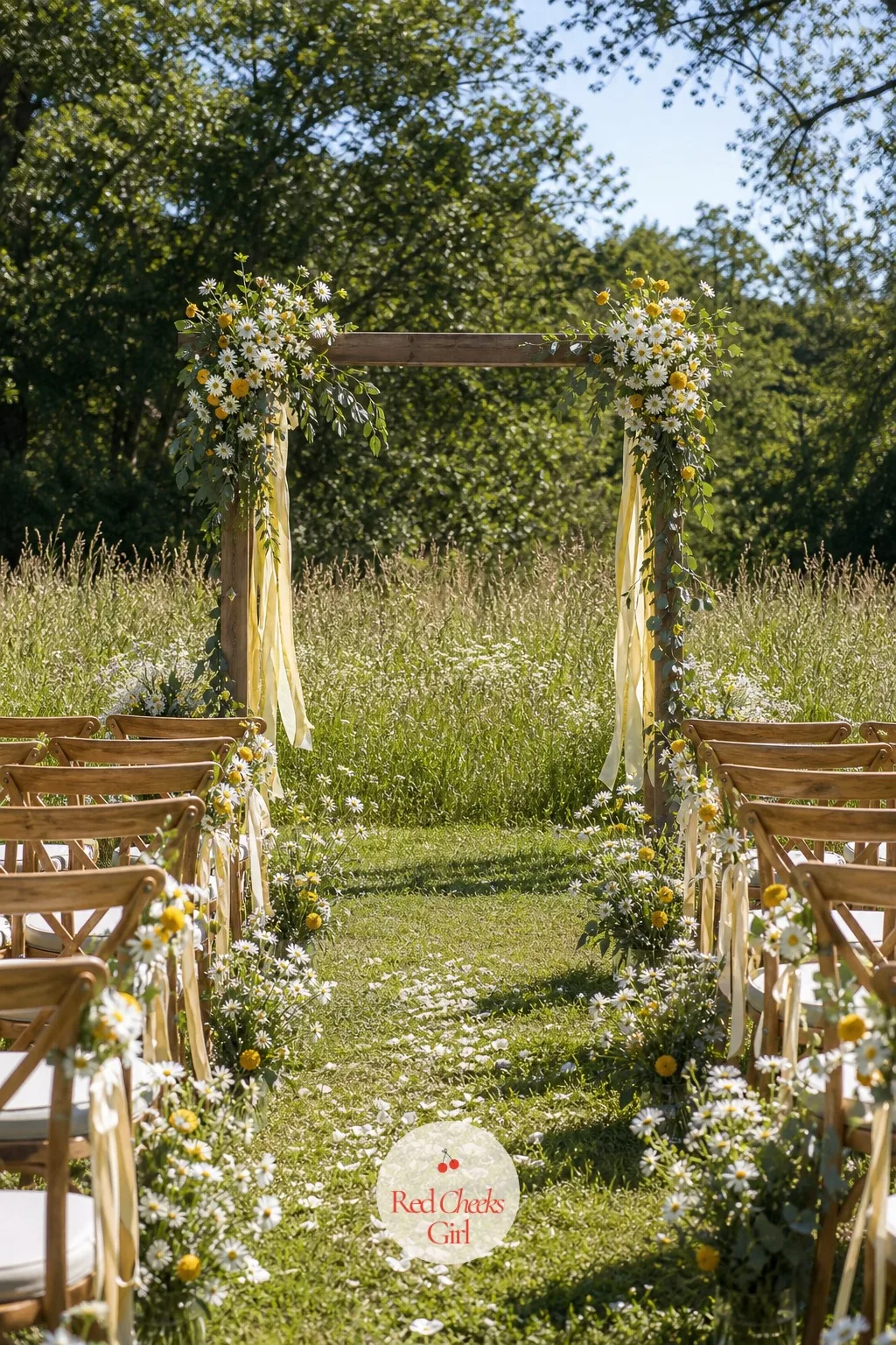 Daisy Field Ceremony Arch — A bare arch looks like a skeleton until something grows on it, and a bride staring at an empty frame the week before the wedding