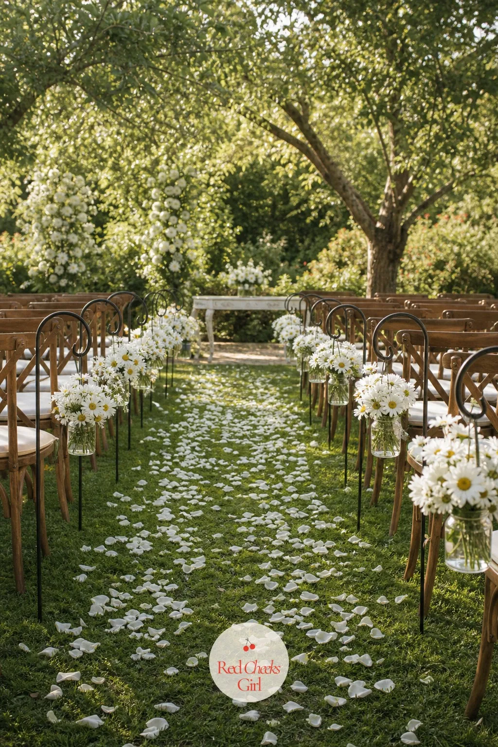 The Daisy-Lined Aisle — A plain strip of grass between two sets of chairs reads as unfinished, and most brides reach for a fabric runner to fix it. Daisy