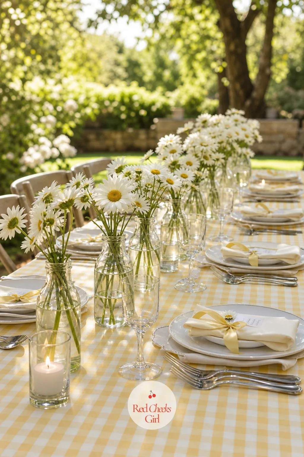 Milk Bottle Daisies Down the Gingham Table — A long bare table, even outdoors in good light, reads cold until something sits on it. Daisy wedding