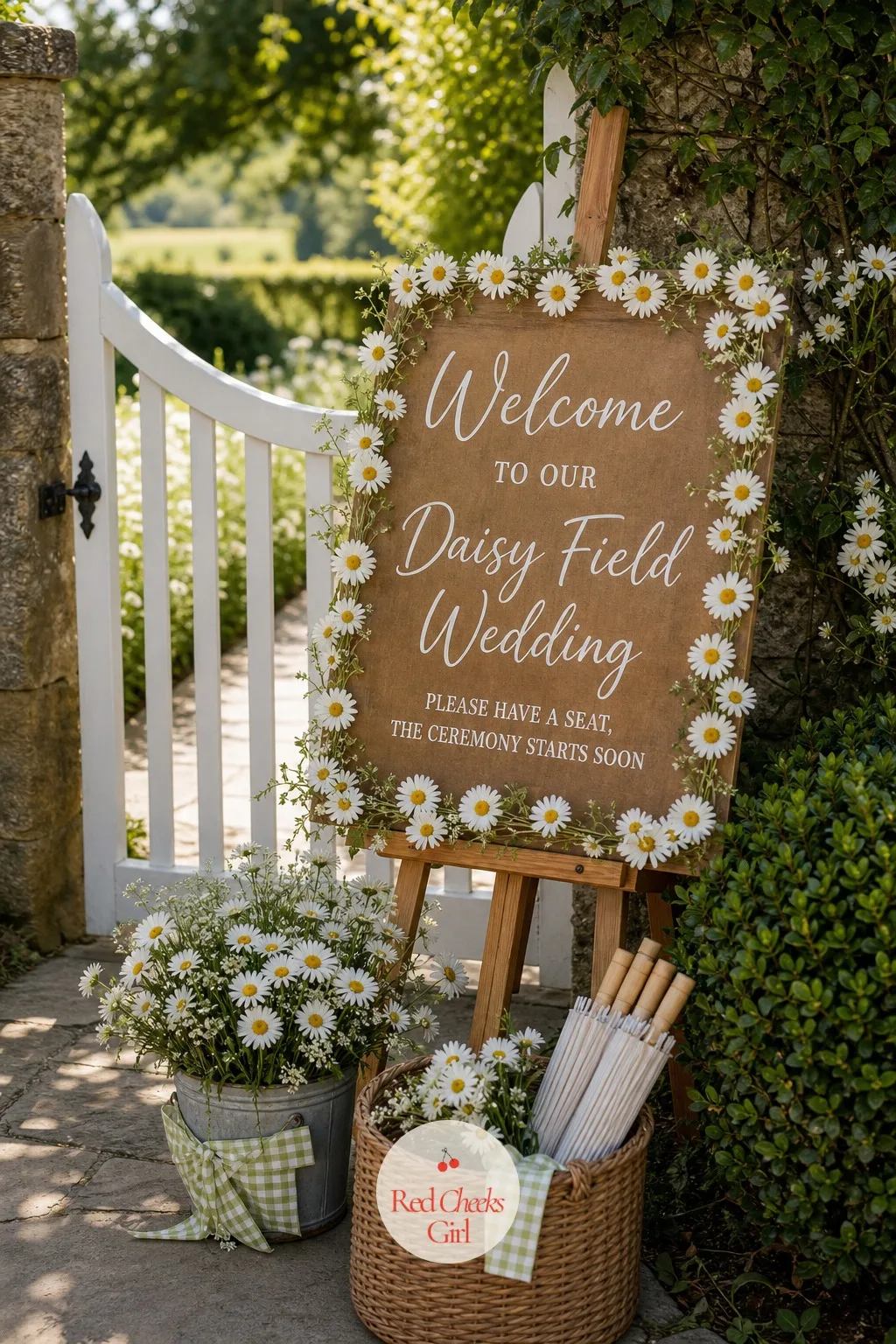 Welcome Sign at the Garden Gate — Guests arriving at a garden gate with no idea where to go tend to hover awkwardly near the car park. Daisy wedding