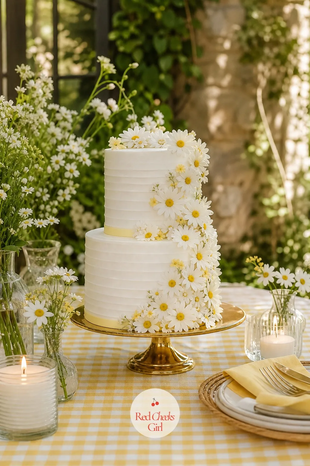 White Cake Covered in Daisies — A plain white cake can look unfinished sitting alone on a dessert table, but fondant flowers that taste like wax solve the