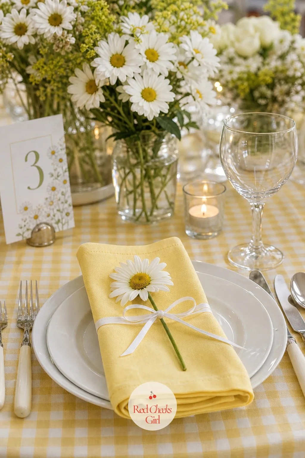 Yellow and White Napkins — A place setting without something soft at it looks half laid, no matter how good the bottles down the middle are. Daisy wedding