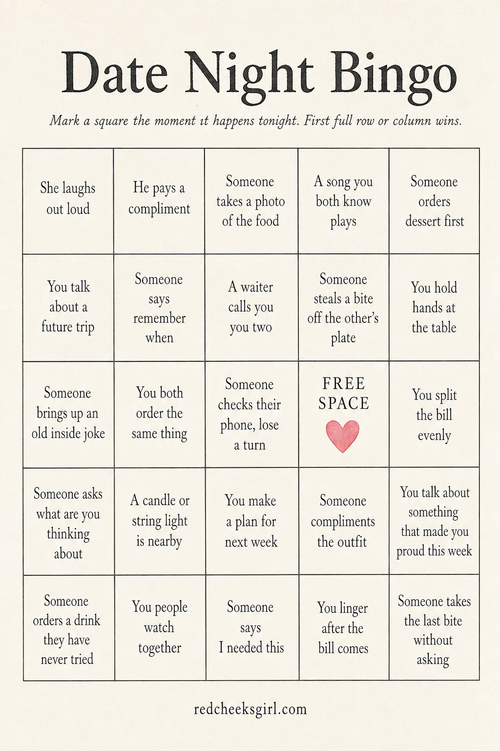Date Night Bingo printable sheet — Both of you take the same card into a restaurant, a drive-in, or just the living room, and quietly check off squares as the