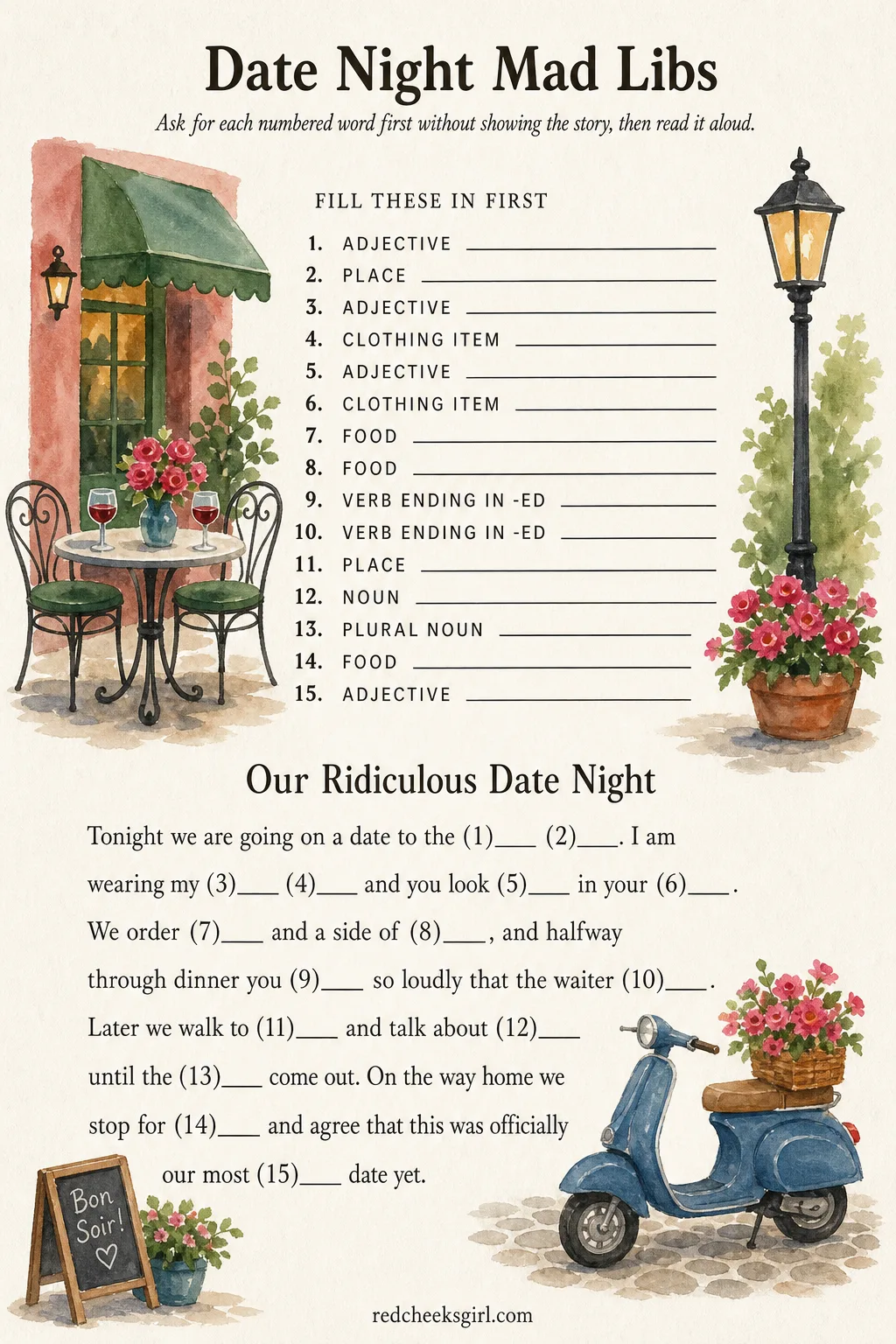 Date Night Mad Libs printable sheet — One of you asks the other for a word from each numbered blank, in order, without revealing the story underneath, then