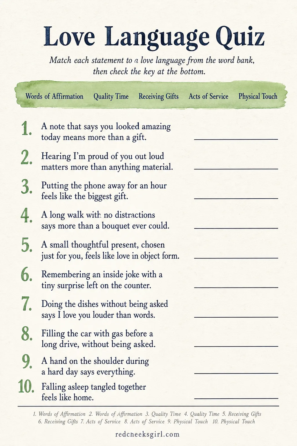 Love Language Quiz printable sheet — Read through ten short statements and write which of the five love languages, listed in the word bank at the top, each one